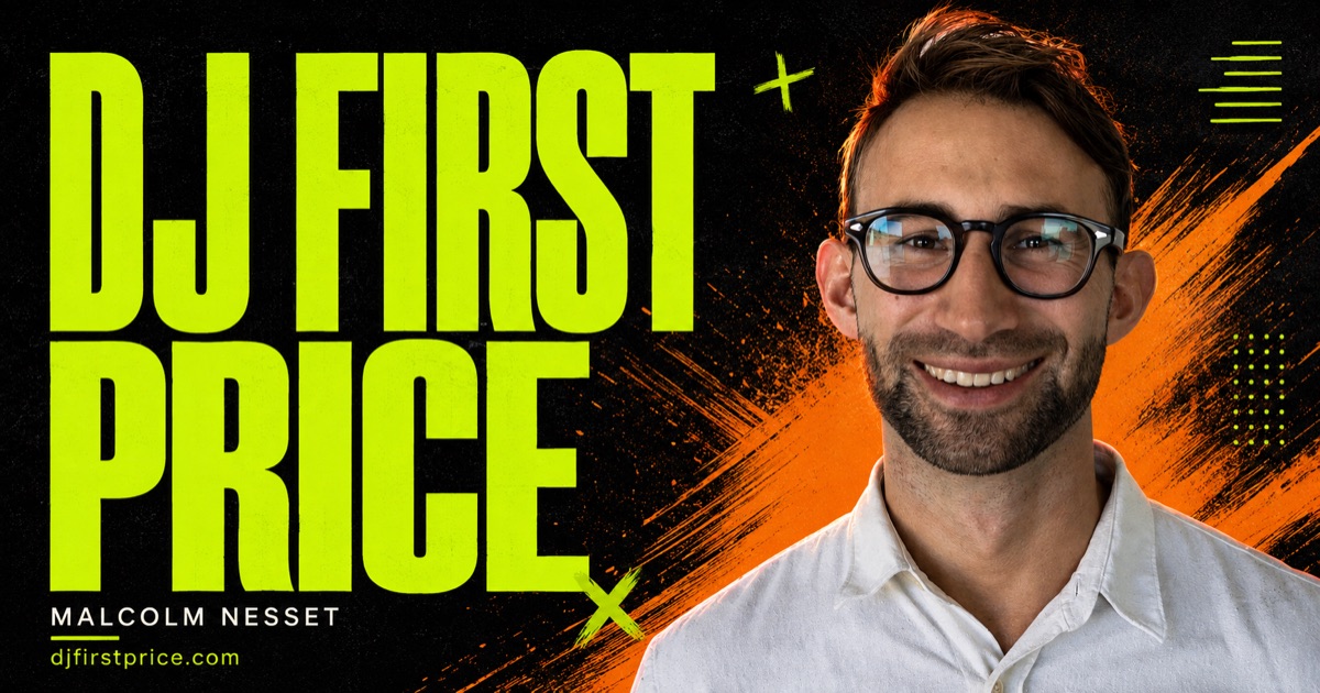 DJ First Price. Malcolm Nesset med et smil, limegrønn typografi og oransje detaljer mot svart.